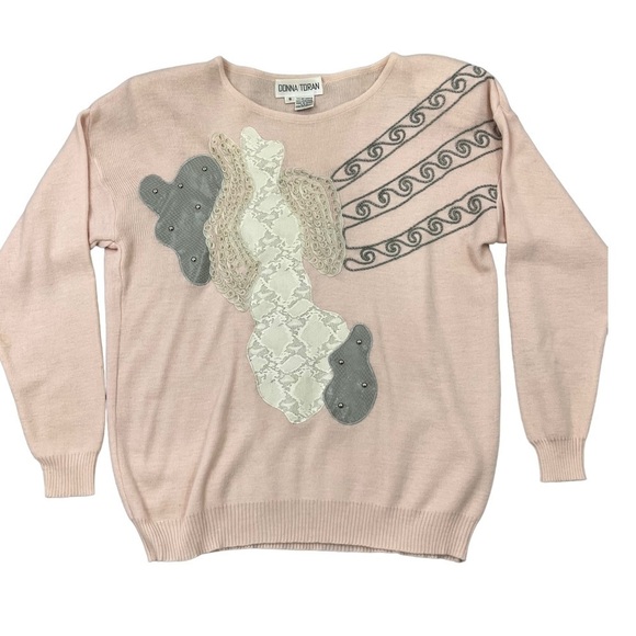 Donna Toran Vintage Lambs Wool Blend 3D Pink Patchwork Granny Sweater SZ Small - Picture 7 of 14